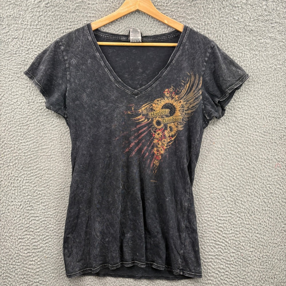Harley Davidson Shirt Women L Black Mineral Wash Sunflower V-Neck Graphic Tee